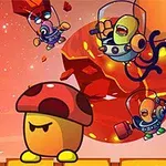 화난 표정을 짓고 있는 버섯 캐릭터와 우주복을 입은 외계인 캐릭터들이 붉은 행성 뒤를 배경으로 떠다니는 모습