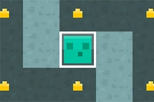 초록색 얼굴 모양의 픽셀 캐릭터가 회색 벽으로 둘러싸여 있으며 주변에 노란색 아이템들이 흩어져 있습니다