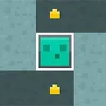 초록색 얼굴 모양의 픽셀 캐릭터가 회색 벽으로 둘러싸여 있으며 주변에 노란색 아이템들이 흩어져 있습니다