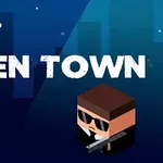 외계인 모양의 캐릭터와 검은 선글라스를 쓴 캐릭터가 있는 어두운 도시 배경의 일러스트