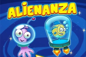 우주 테마의 배경에 외계인과 물고기가 헬멧을 쓴 모습