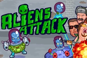 초록색 글자로 ALIENS ATTACK가 쓰여 있고, 파란 피부의 외계인들이 헬멧을 쓴 채 무기를 들고 사람들과 대치하는 장면