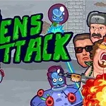 초록색 글자로 ALIENS ATTACK가 쓰여 있고, 파란 피부의 외계인들이 헬멧을 쓴 채 무기를 들고 사람들과 대치하는 장면