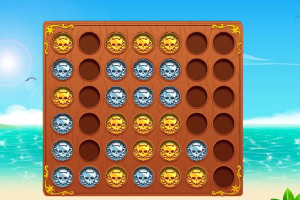 바다 배경의 나무판 위에 노란색과 파란색 해골 모양 동전들이 놓여 있는 이미지