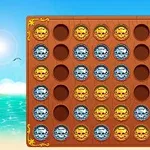 바다 배경의 나무판 위에 노란색과 파란색 해골 모양 동전들이 놓여 있는 이미지