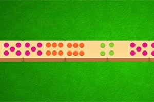 녹색 배경 위에 여러 개의 도트가 그려진 도미노 타일들이 일렬로 놓여 있다