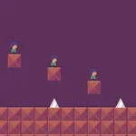 플랫폼 위에 캐릭터들이 점프하고 있으며 바닥에는 가시가 있는 장면