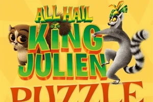 두 마리의 애니메이션 캐릭터가 노란 배경 앞에 있으며, ALL HAIL KING JULIEN PUZZLE 텍스트가 중앙에 있습니다