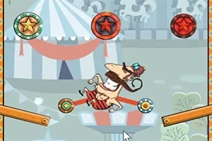 서커스 배경에서 원형 플랫폼 위에 있는 만화 스타일의 인물