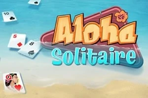 해변 배경 위에 Aloha Solitaire 로고와 여러 장의 카드가 있는 이미지