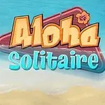 해변 배경 위에 Aloha Solitaire 로고와 여러 장의 카드가 있는 이미지