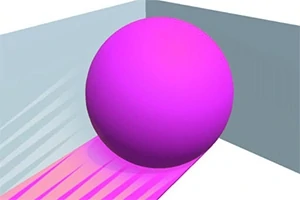 보라색 공이 벽 사이에 놓여있고 뒤로는 핑크색 그림자가 드리워져 있다