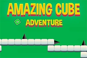 AMAZING CUBE ADVENTURE라는 문구가 초록색 배경 위에 있고, 하얀색 큐브와 검은 가시들이 그려져 있습니다