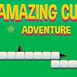 AMAZING CUBE ADVENTURE라는 문구가 초록색 배경 위에 있고, 하얀색 큐브와 검은 가시들이 그려져 있습니다