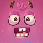 핑크색 배경에 두 개의 뿔과 커다란 눈, 입을 가진 귀여운 몬스터 얼굴