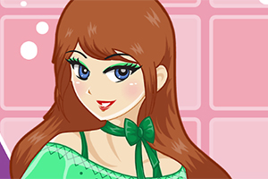 큰 눈과 긴 갈색 머리를 가진 여성이 초록색 옷과 리본을 착용하고 있는 귀여운 일러스트