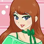 큰 눈과 긴 갈색 머리를 가진 여성이 초록색 옷과 리본을 착용하고 있는 귀여운 일러스트