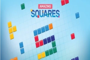 색색의 정사각형 블록들이 바둑판 모양 배경 위에 흩어져 있는 모습과 AMAZING SQUARES라는 텍스트