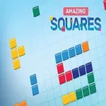 색색의 정사각형 블록들이 바둑판 모양 배경 위에 흩어져 있는 모습과 AMAZING SQUARES라는 텍스트