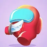 빨간 우주복 헬멧을 쓴 캐릭터에 칼이 꽂혀 있는 모습