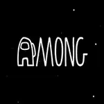 검은 배경에 하얀 글자 AMONG과 오렌지색 우주복을 입은 캐릭터가 있는 이미지