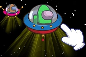 우주를 배경으로 두 개의 작은 UFO가 날아가고 있으며, 오른쪽에 하얀색 손가락이 가리키고 있다