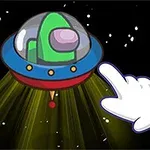 우주를 배경으로 두 개의 작은 UFO가 날아가고 있으며, 오른쪽에 하얀색 손가락이 가리키고 있다