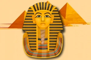 이집트 피라미드를 배경으로 황금색 파라오 가면이 중앙에 위치한 이미지