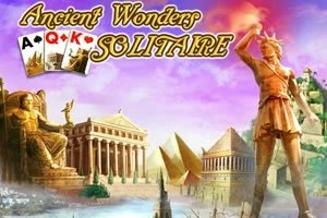 고대 건축물과 조각상이 있는 풍경 위에 카드 뭉치와 Ancient Wonders Solitaire 텍스트가 있는 이미지