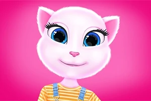 분홍색 배경 앞에 큰 파란 눈과 미소를 지닌 흰 고양이 캐릭터가 있으며, 줄무늬 셔츠와 멜빵을 입고 있다