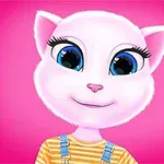 분홍색 배경 앞에 큰 파란 눈과 미소를 지닌 흰 고양이 캐릭터가 있으며, 줄무늬 셔츠와 멜빵을 입고 있다