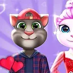 회색 고양이와 분홍색 고양이가 서로 옆에 서서 미소 짓고 있으며, 고양이 주변에는 하트와 반짝임이 있습니다