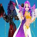 서로 다른 색상의 피부와 날개를 가진 두 판타지 캐릭터가 하늘을 배경으로 서 있다