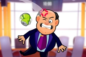 정장이 찢어진 남자가 녹색 캔에 머리를 맞고 찡그린 표정을 짓고 있는 모습