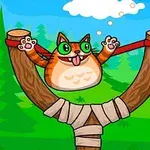 나무 새총에 고양이가 앉아 있는 만화 스타일의 그림