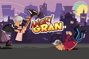 노부인이 큰 망치를 들고 땅에 누운 남자를 때리려는 모습의 만화 이미지