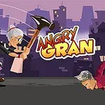 노부인이 큰 망치를 들고 땅에 누운 남자를 때리려는 모습의 만화 이미지