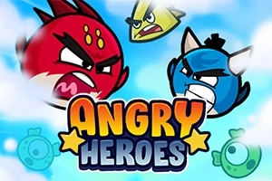 화난 표정의 빨간색과 파란색 동물 캐릭터가 등장하고 하단에 ANGRY HEROES 텍스트가 있는 이미지