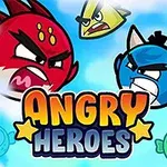 화난 표정의 빨간색과 파란색 동물 캐릭터가 등장하고 하단에 ANGRY HEROES 텍스트가 있는 이미지