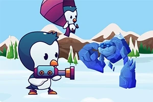 펭귄 캐릭터가 얼음 괴물과 설원에서 대치하는 장면