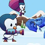 펭귄 캐릭터가 얼음 괴물과 설원에서 대치하는 장면