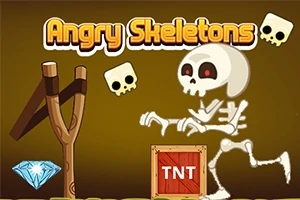 해골 그림과 새총, 다이아몬드, TNT 상자가 있는 만화 스타일의 이미지