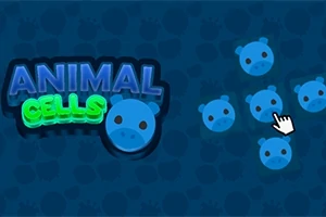 파란색 동물 세포 모양의 아이콘들과 ANIMAL CELLS라는 글자가 있는 파란 배경