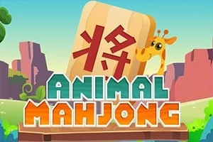 기린이 있는 마작 패와 ANIMAL MAHJONG 글자가 배경의 자연 풍경과 함께 나타난 이미지