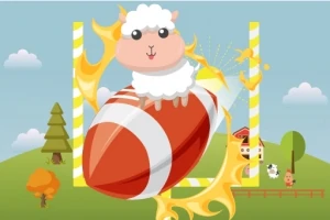 양이 큰 럭비공 위에 앉아 있으며 뒤편에 나무와 농장 같은 배경이 있다