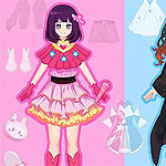 두 명의 만화 스타일 캐릭터가 각각 핑크색과 파란색 배경 위에 서 있으며 다양한 의상과 액세서리가 나타나 있다