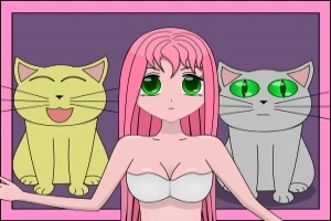 핑크색 머리카락을 가진 소녀가 두 마리의 고양이와 함께 서 있다