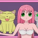 핑크색 머리카락을 가진 소녀가 두 마리의 고양이와 함께 서 있다