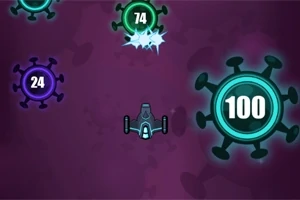 우주선 모양의 기체가 여러 개의 동그란 바이러스 모양 물체와 숫자가 있는 보라색 배경에 있습니다