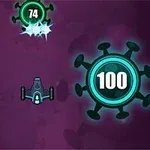 우주선 모양의 기체가 여러 개의 동그란 바이러스 모양 물체와 숫자가 있는 보라색 배경에 있습니다